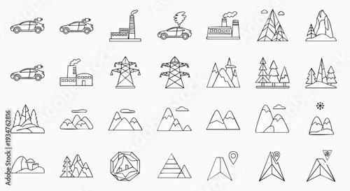 Collection of Outline Icons: Cars, Factories, Power Lines, Mountains, Trees, and Geometric Shapes