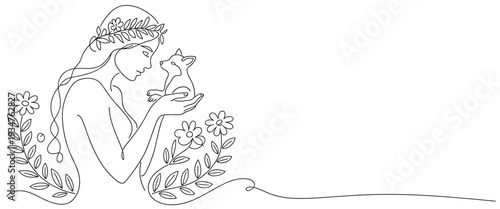 Woman with Flower Crown Holding a Cat Line Art girl