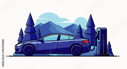 Modern electric car charging at a station in a scenic mountain landscape with pine trees, symbolizing eco-friendly transport