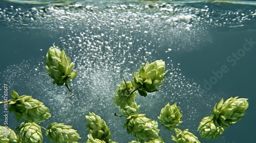 Wallpaper Mural Green hop cones submerged in clear water, creating a cascade of bubbles Torontodigital.ca