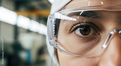 Close-up of a person's eye wearing clear safety glasses in a factory