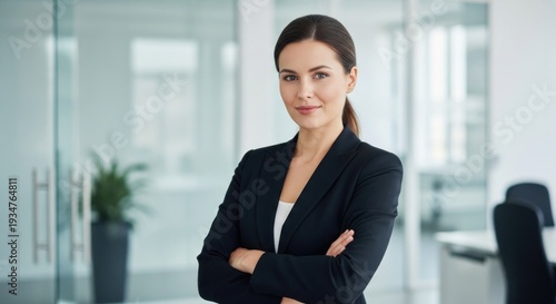 Free Download Confident professional woman in a modern office, arms crossed - GFXLoad