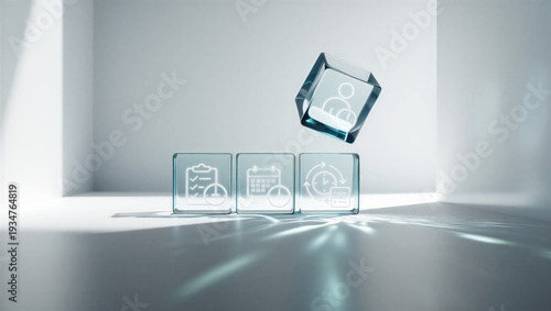 Time management concept with business hand stacking wooden blocks showing clock, calendar, checklist and workflow icons, symbolizing productivity, efficiency, task planning, effective organization