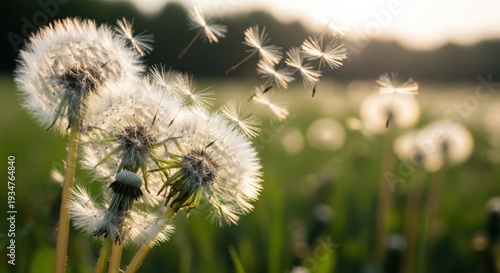 Dandelion seeds blowing in the wind at sunset in a field