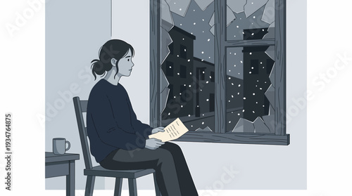 A woman sits alone reading by a snowy window in a monochrome scene