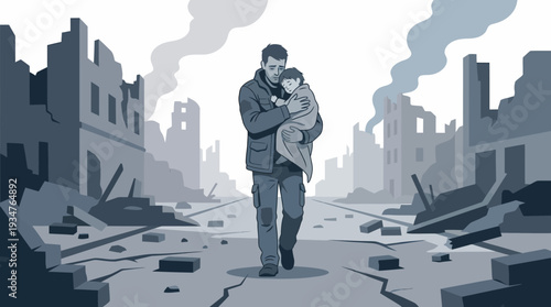 Man holding child amidst war-torn city ruins illustration