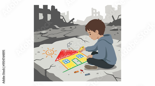 A young boy drawing a house amidst ruins, surrounded by destruction and desolation