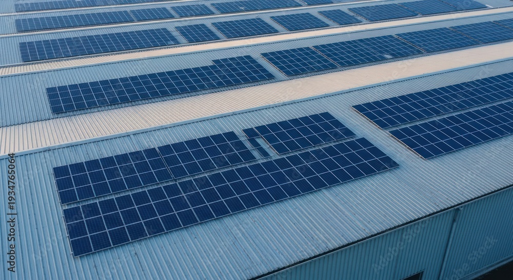 Obraz premium Expansive rooftop solar panel array powering a large industrial facility