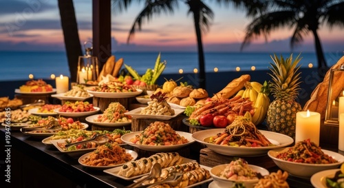 Lavish buffet spread with diverse cuisines on a tropical beach at sunset
