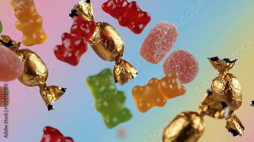 Wallpaper Mural Assorted gummy candies and gold-wrapped chocolates in motion Torontodigital.ca