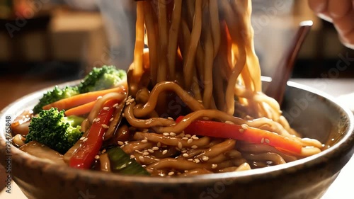 Close up of a steaming bowl of noodles and vegetables being eaten with chopsticks