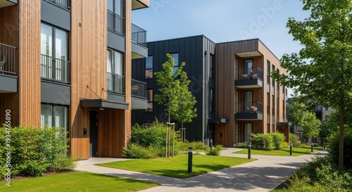 Modern apartment complex with wood accents and lush greenery
