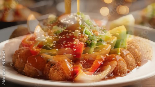 Close up of food on plate with sauce being poured over fresh ingredients