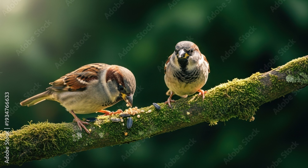 Fototapeta premium Two sparrows perched on a moss-covered branch, eating seeds
