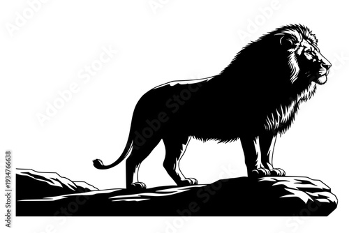 Majestic Male Lion King Profile Standing on Rock Savanna Outlook African Wildlife Black Vector Silhouette