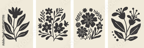 Set of four minimalist floral art prints black and white