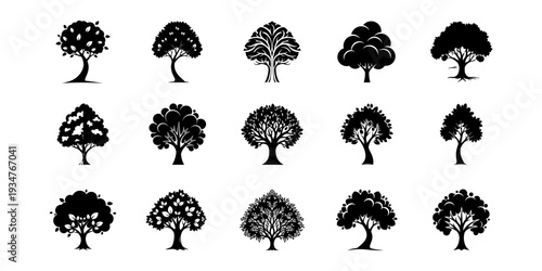 Collection of modern tree logo designs with green leaves and brown trunks, vector illustration set isolated on white background for eco branding use.