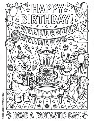 Happy Birthday Party Coloring Page – Celebration Scene Printable Line Art for Kids