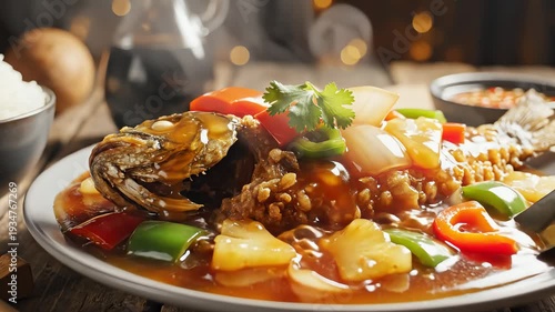 Gourmet dish served on plate with rice and sauce
