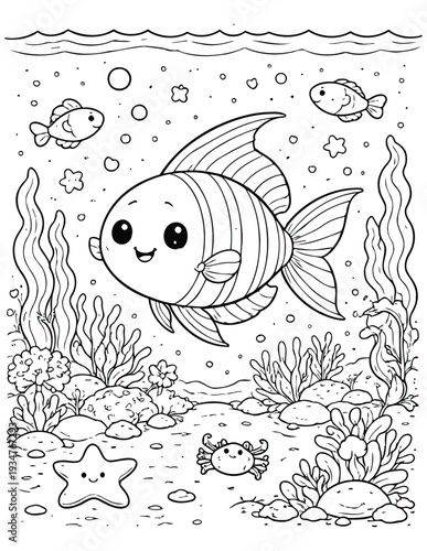 Cute Tropical Fish Coloring Page – Underwater Ocean Printable Line Art for Kids