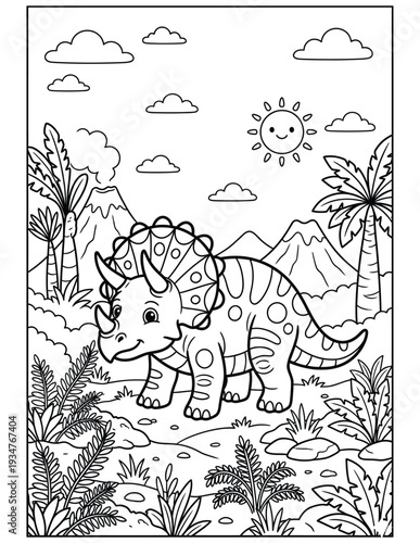 Cute Dinosaurs Coloring Page – Friendly Prehistoric Animals Printable Line Art for Kids