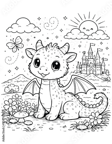 Cute Baby Dragon Coloring Page – Fantasy Magical Creature Printable Line Art for Kids