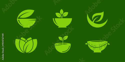 Sustainable leaf logo designs in round frames. Fresh green vector icons suitable for agriculture and eco branding.