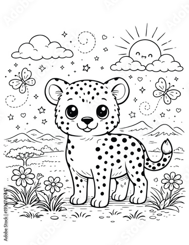 Cute Baby Leopard Cub Coloring Page – Adorable Jungle Animal Printable Line Art for Kids