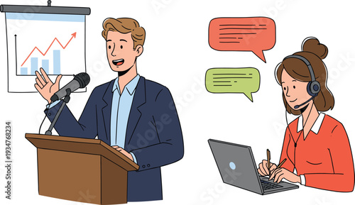 Business presentation with speaker at podium and remote interpreter supporting communication concept illustration