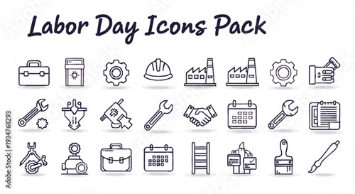 Labor day icons pack with tools gears hard hats and work symbols