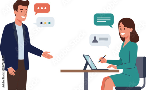 Business interview conversation between recruiter and candidate, professional communication and hiring process concept illustration