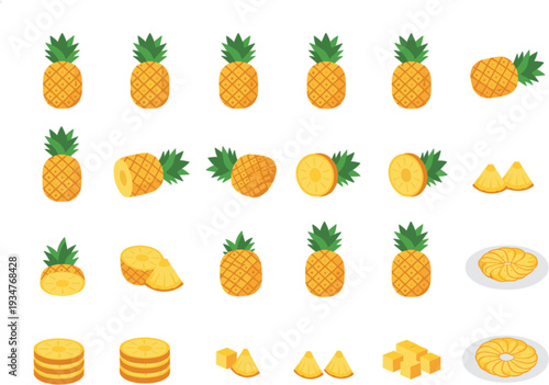 Pineapple big collection with whole sliced rings chunks and pieces tropical fruit vector set