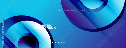 Abstract blue design features flowing shapes, text elements, navigation menu. Modern, vibrant, suitable website header or banner.
