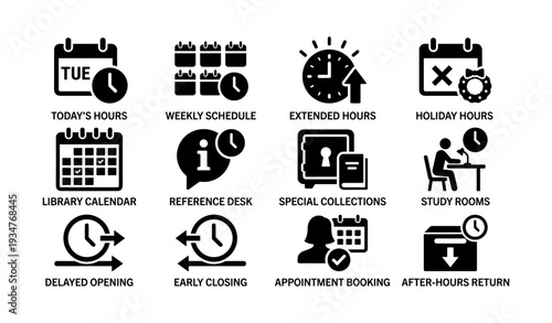 Library icons depicting hours, schedules, and services for efficient planning