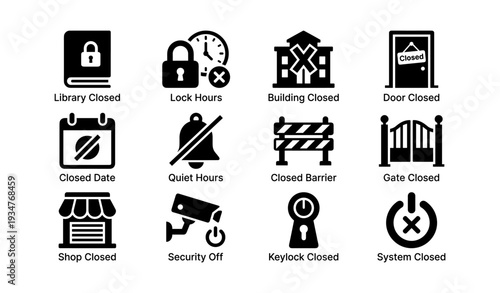 Closed signs and symbols: lock, security, gate, building, shop, library, calendar