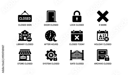 Closed icons: lock, store, library, system, gate, archive, calendar symbols