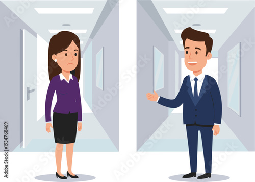 Businessman greeting serious businesswoman in office hallway, workplace communication and professional interaction concept illustration