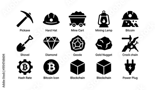 Mining icons: tools equipment bitcoin blockchain cryptocurrency symbols