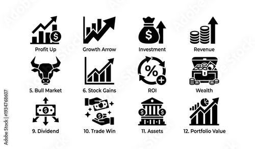 Financial growth icons: bull market, roi, investment, wealth, assets