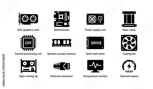 Computer hardware icons: graphics, motherboard, cpu, ram, ssd, cooling system