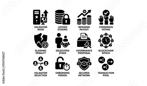 Cryptocurrency governance icons: staking, voting, security, and transactions overview