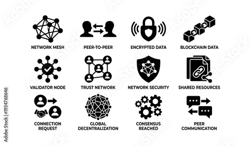 Blockchain network icons: security, connectivity, and decentralization symbols