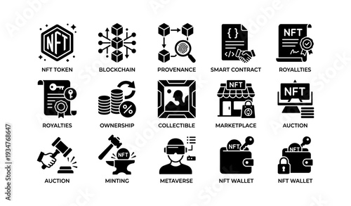 Nft icons: blockchain, smart contracts, collectibles, metaverse, marketplace