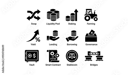 Cryptocurrency concept icons: swap, staking, farming, yield, smart contracts