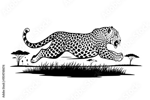 Leopard Running at High Speed Hunting Chase African Predator Safari Action Black Vector Silhouette