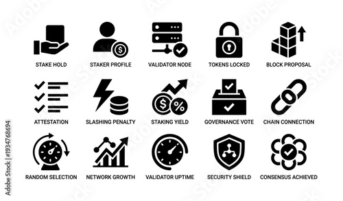 Blockchain governance and network icons for cryptocurrency management