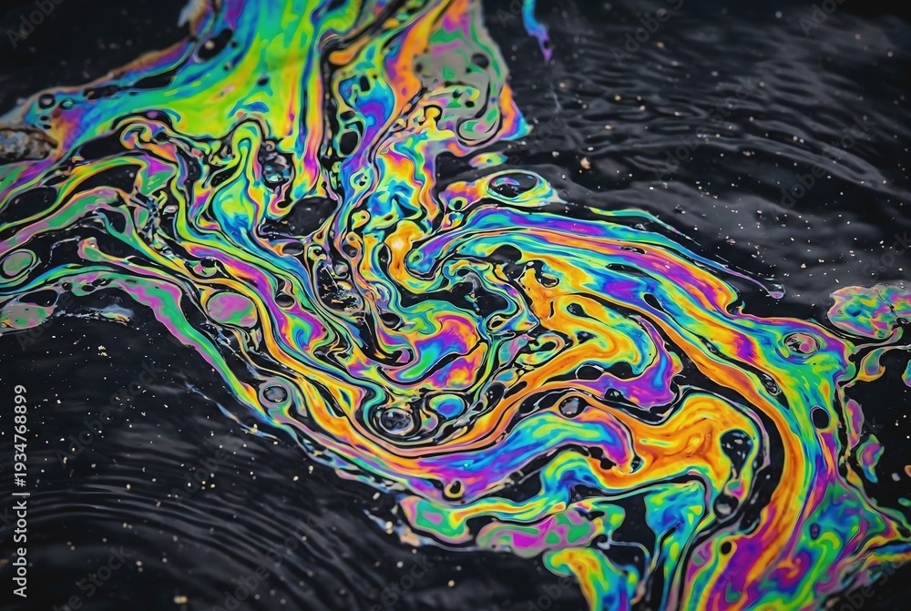 Obraz premium Extreme macro photography of a colorful iridescent oil spill slick on water surface