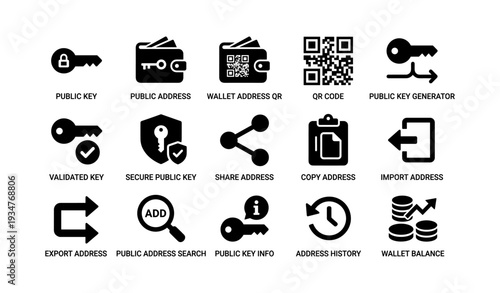Cryptocurrency icons set: public key, wallet qr code, address management