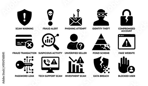 Cybersecurity icons: fraud alert, phishing, identity theft, password leak, data breach
