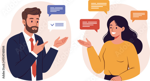 Business conversation between man and woman with speech bubbles, professional communication and feedback discussion concept illustration